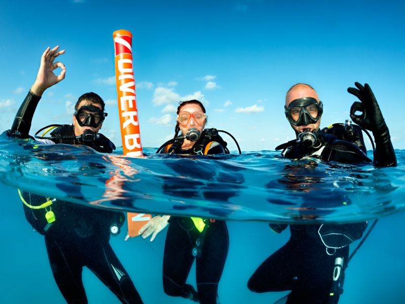 Scuba divers giving OK sign at sea surface.