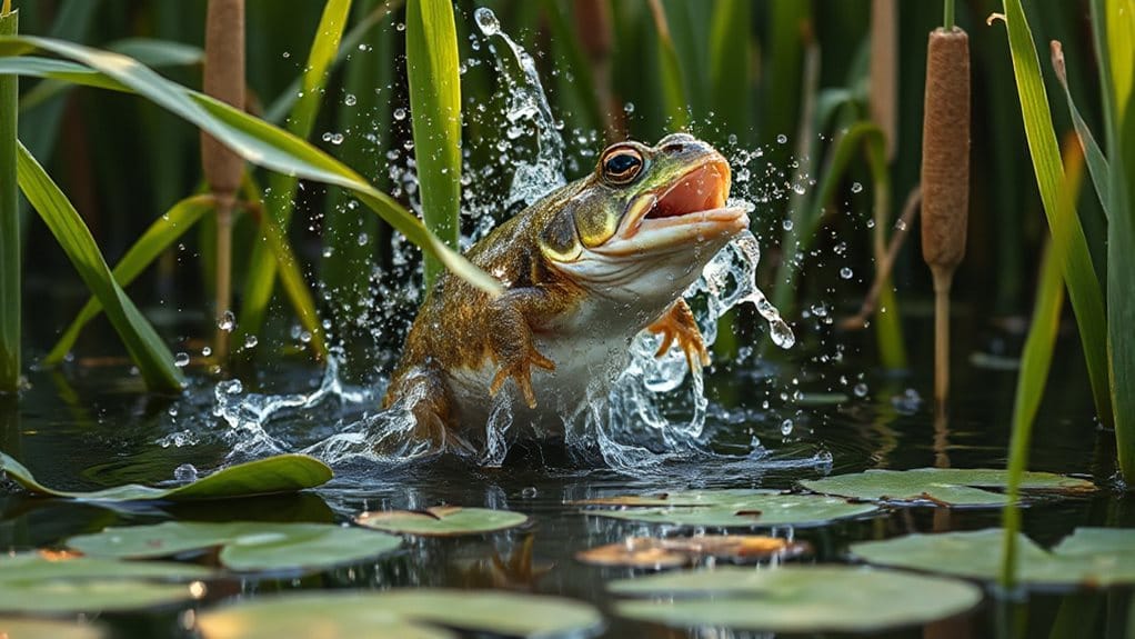 pop frogs fast into reeds